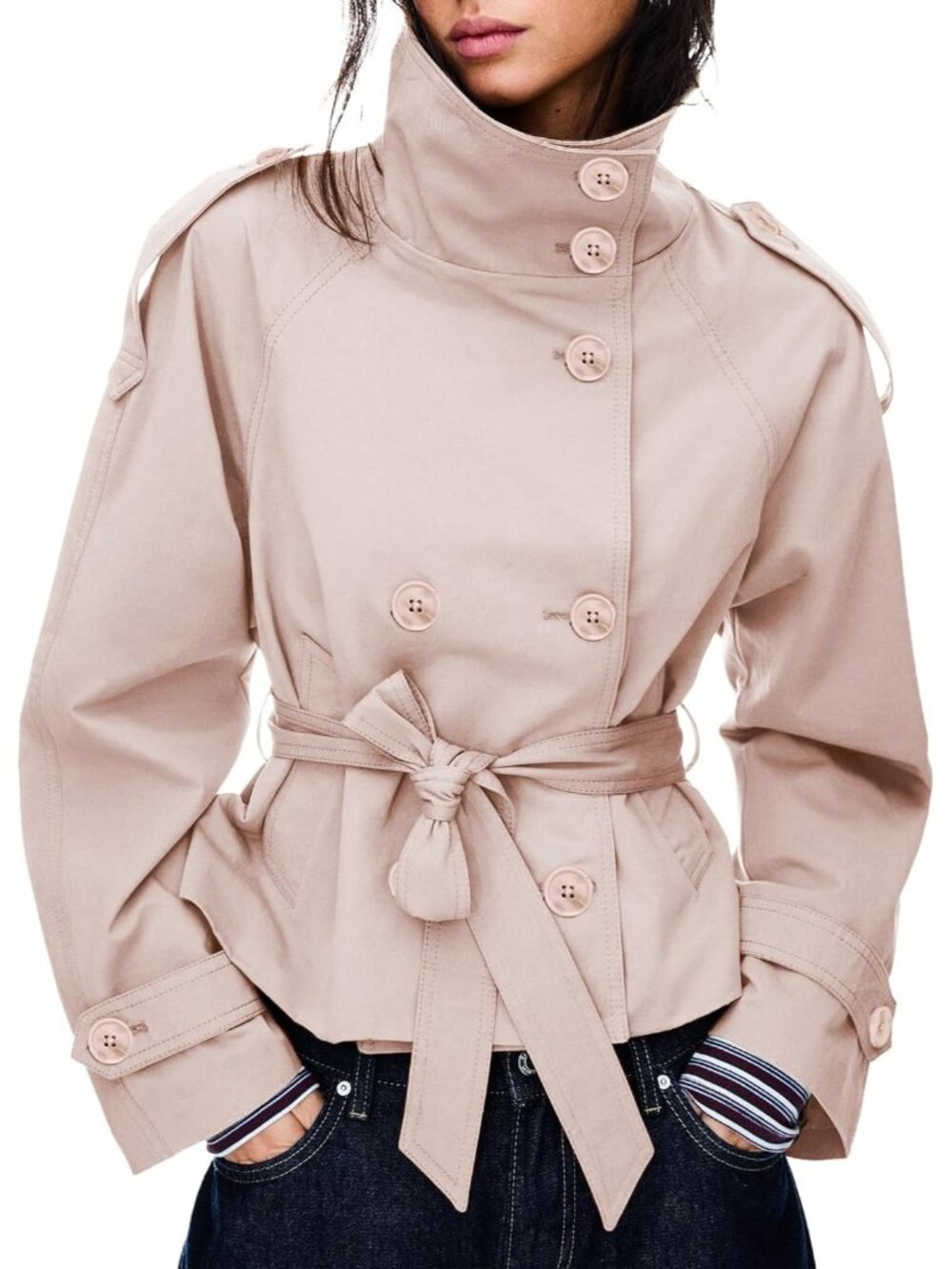 〽️Pink Women's Cropped Trench Jacket High Neck Double Breasted Coat